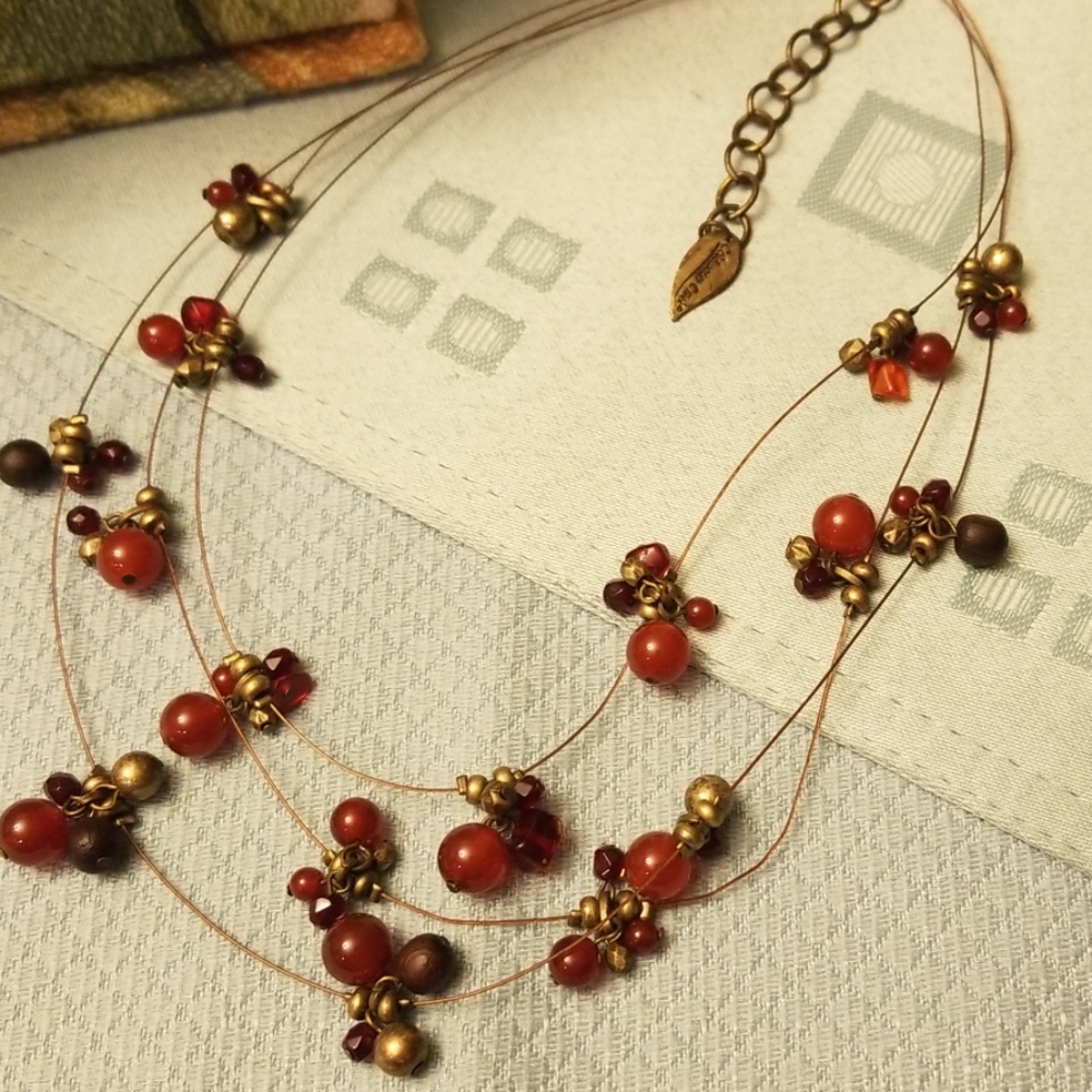Coldwater Creek Red & Brass  Beaded Necklace